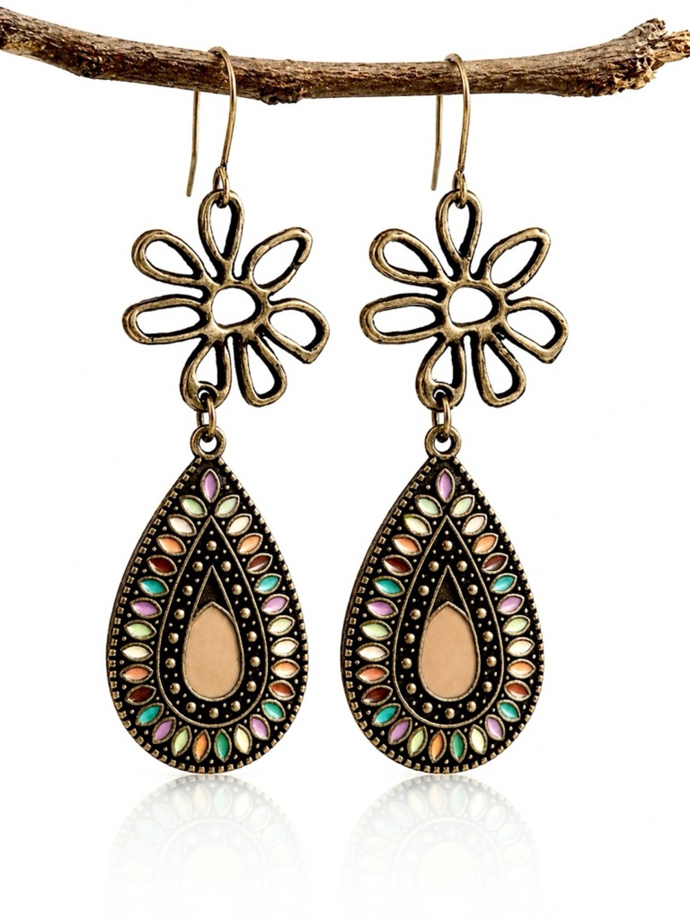 Antique Bronze Floral Dangle Earrings Boho Mosaic Teardrop
